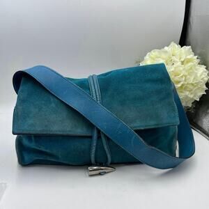 Burberry London Vintage Authentic Teal Suede Haymarket Check Fold Shoulder Bag‎